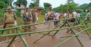 Assam police are standing at Umlaper, border village on August 26, 2021.