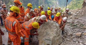 National Disaster Response Force (NDRF) team during a rescue operation at the site of a landslide in Kinnaur district, Himachal Pradesh, on August 11.