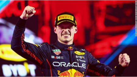 Saudi Arabia G P: Verstappen celebrates his grand win at the F1 race.