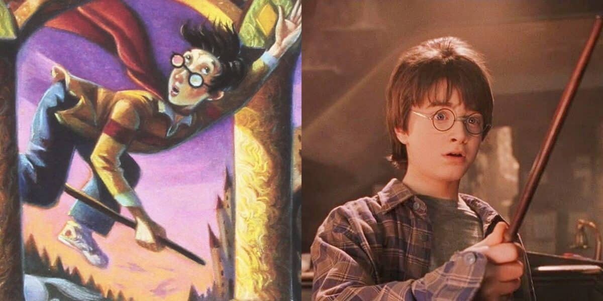 A book illustration of Harry Potter vs Daniel Radcliffe in the first movie