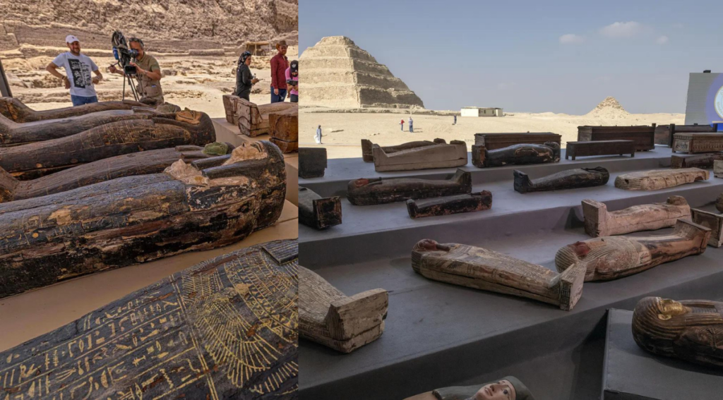 Archaeologists working near Cairo have uncovered hidden coffins, statues & coins