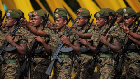 Members of the National Defense Force march during a rally to celebrate Ethiopia’s Prime Minister Abiy Ahmed’s incumbency.