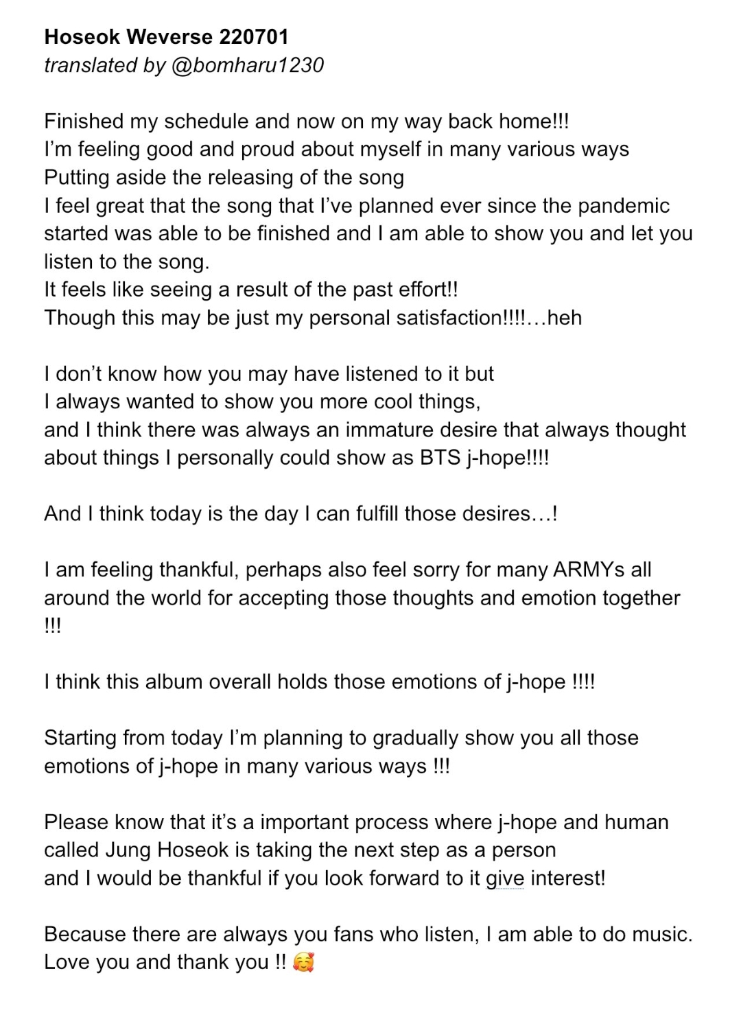 Jhope Pens a Sweet Note for Fans about his New Single “More". - Asiana Times