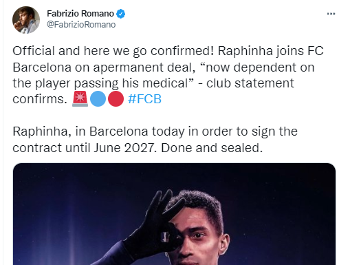 Raphinha signs for his ‘dream club’ FC Barcelona  - Asiana Times