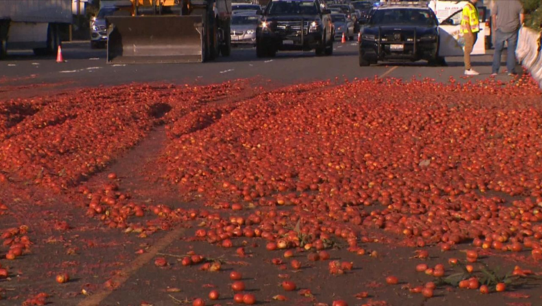 A truck spills 150,000 tomatoes, causing a California crash