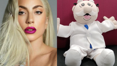 A stuffed toy hit Lady Gaga during her concert