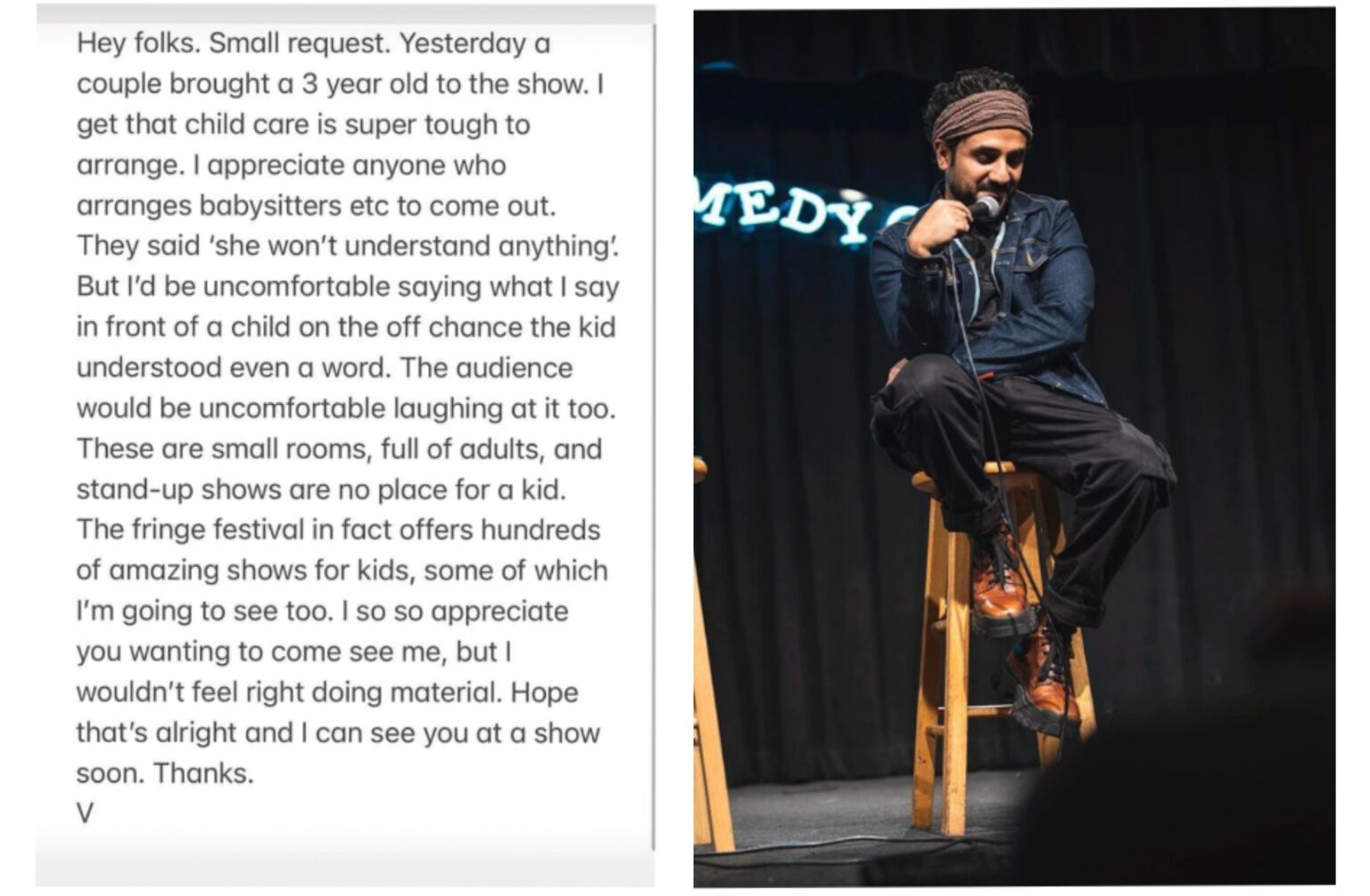 Vir Das requested his fans to not bring children in stand-up comedy shows.