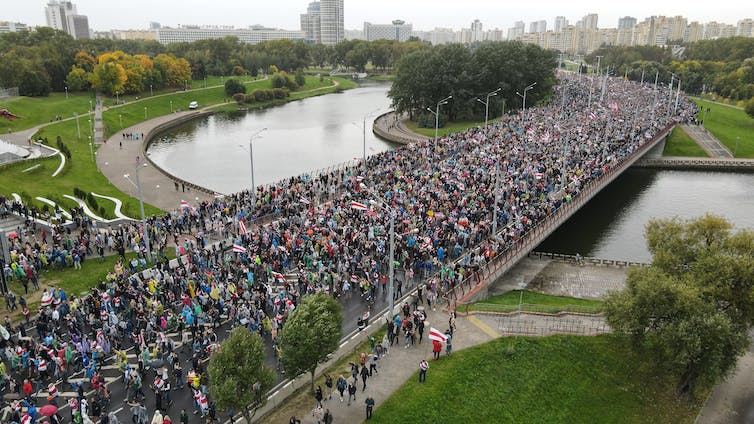Belarus - A crowd of protesters in Minsk , Belarus after the 2020 elections 