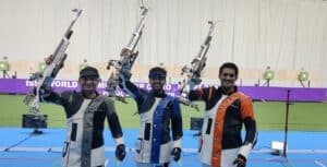 Rudrankksh Patil, Arjun Babuta and Kiran Jadhav after winning the Gold