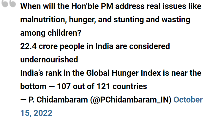 India slips to rank 107 in GHI under Modi govt, “disastrous for India” says P Chidambaram