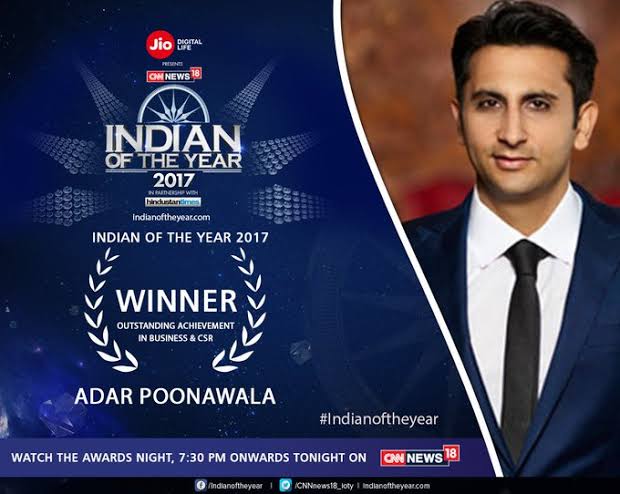 Adar Poonawala was awarded the INDIAN OF THE YEAR AWARD IN 2017 for outstanding achievement in business and CSR