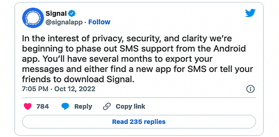 Signal android users Twitter message