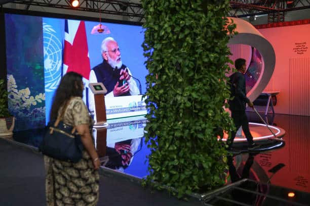 Screen broadcast of PM Modi at the india pavillion at the COP27 climate conference 