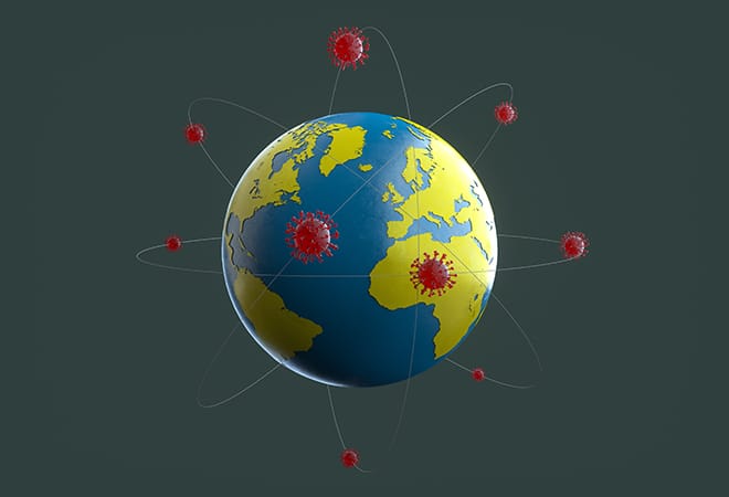 world art with corona virus illustration around