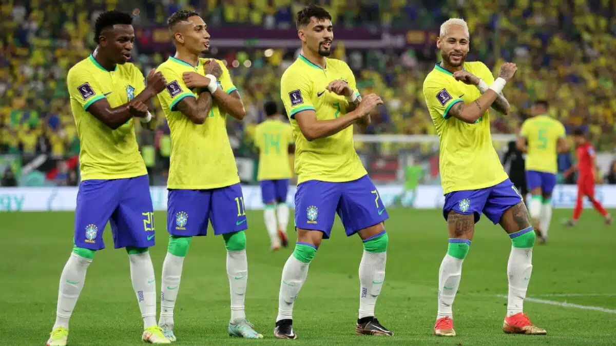 FIFA Ranking first team Brazil celebrates their goal.