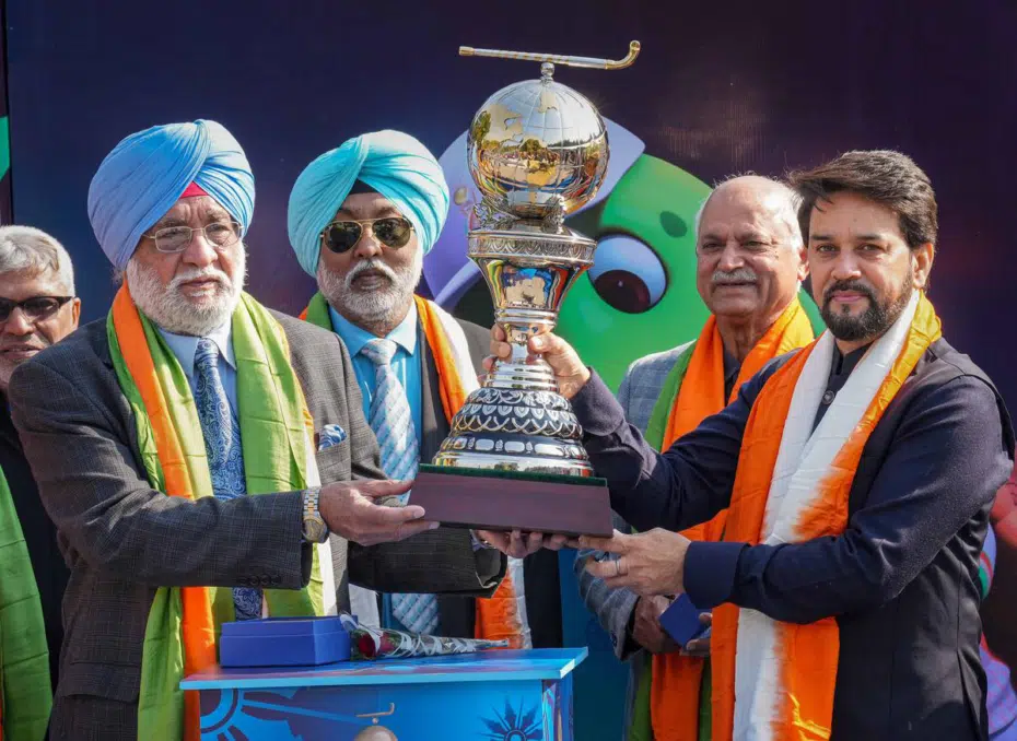 FIH Hockey Mens World Cup trophy being presented to Shri Ajit Pal Singh by Anurag Thakur