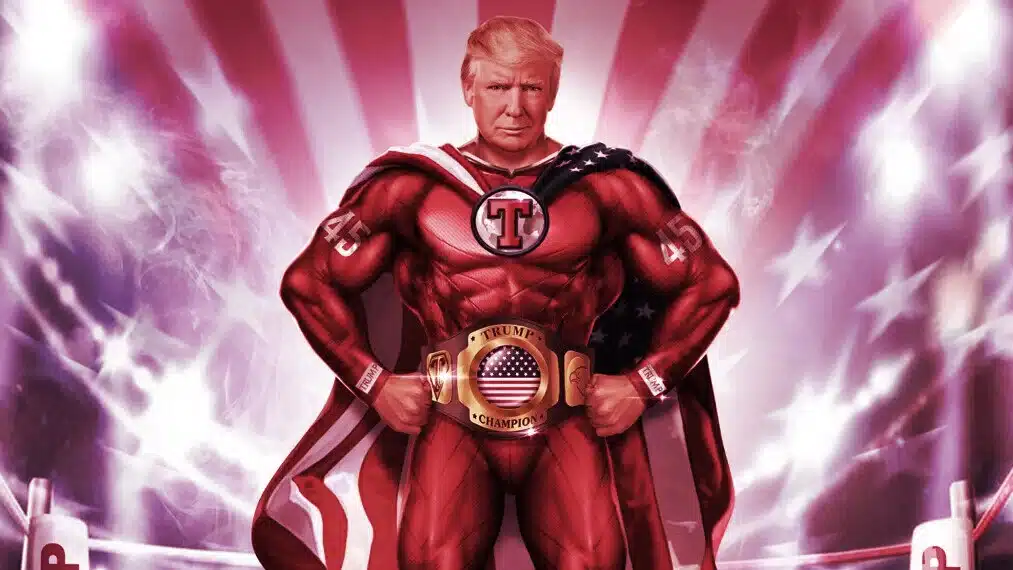 Donald Trump dressed as a superhero wearing his 'Trump Champion Belt'