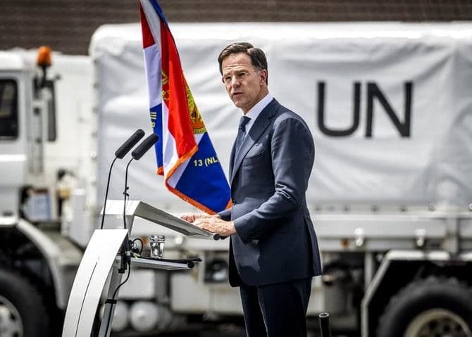 Netherlands PM Rutte addressing in a press meet for genocide

