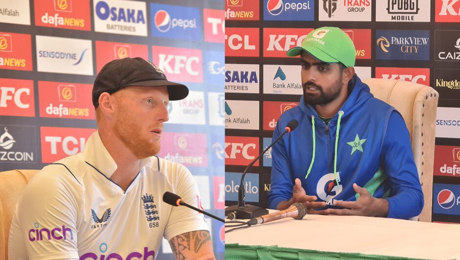 Image dipicting Babar Azam and stokes during press conference.