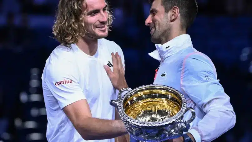 Novak Djokovic and Stefanos Tsitsipas after the championship game of the men's single event at the Australian Open 2023.