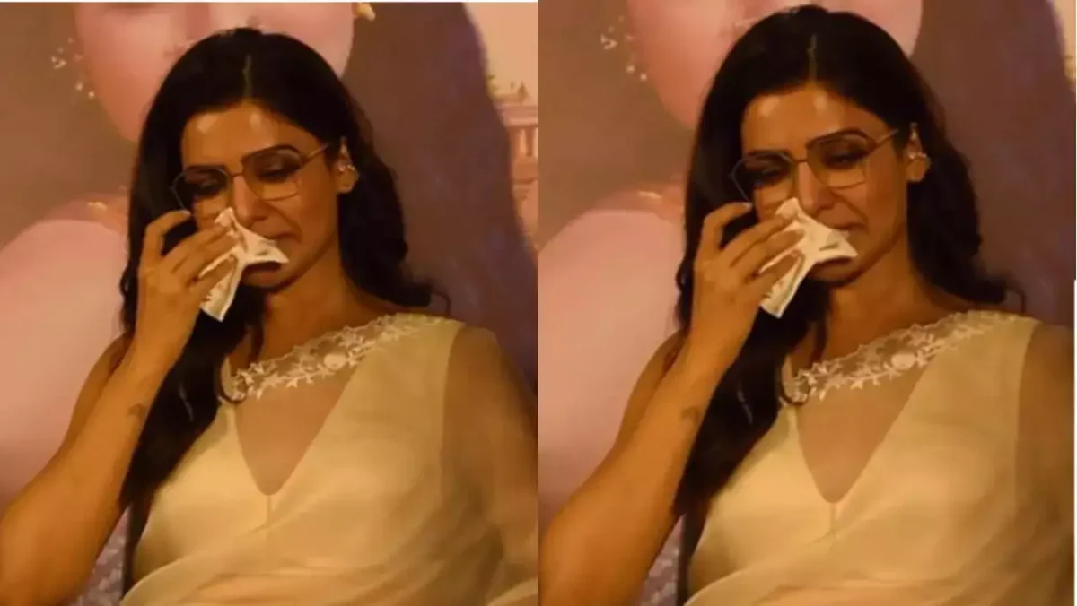 Samantha Ruth Prabhu wiping her tears in her movie trailer launch event