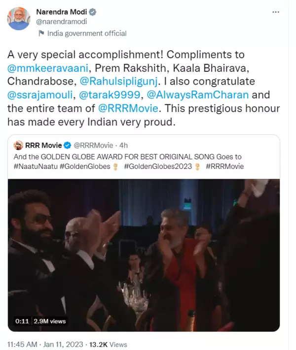PM Narendra Modi congratulates Team 'RRR' on the Golden Globe win for 'Naatu Naatu' - Asiana Times