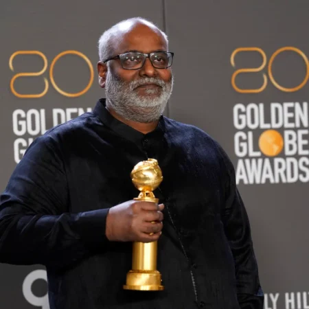 M.M. Keeravani accepting the Best Original Song award for "Naatu Naatu" from "RRR" during the 80th Annual Golden Globe Awards.