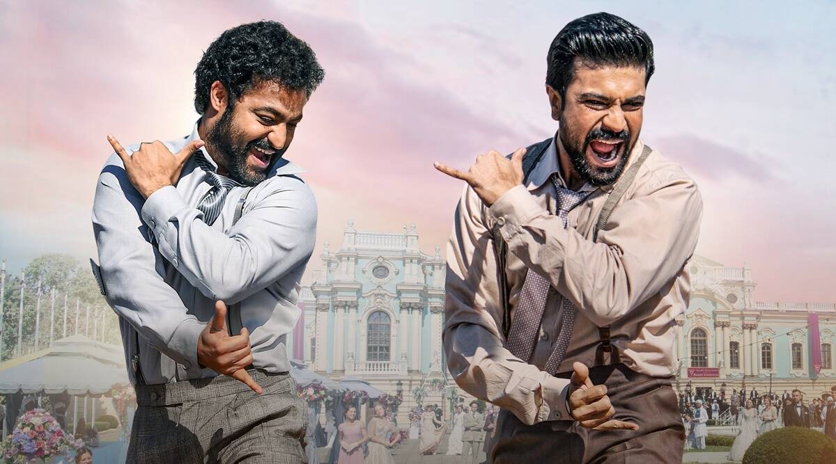 Actor Ram Charan and Jr NTR dancing on the song "Naatu Naatu"