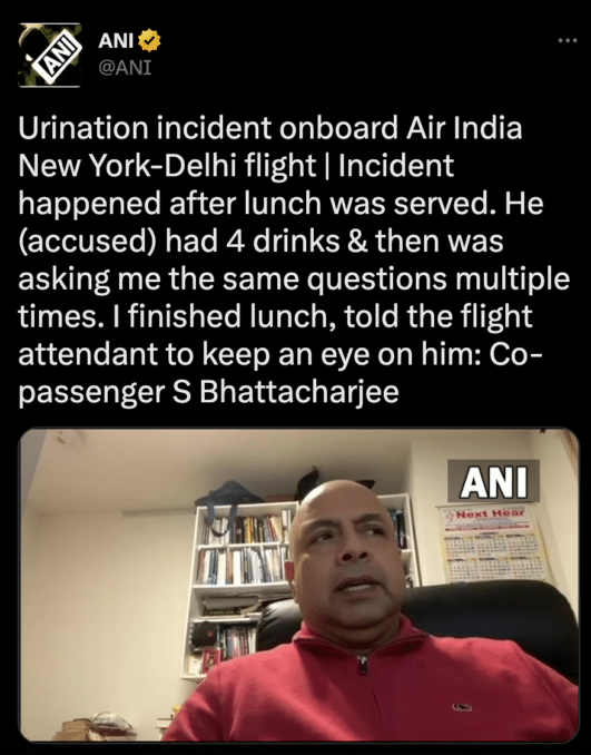 Urination incident onboard Air India New York-Delhi flight | Incident happened after lunch was served. He (accused) had 4 drinks & then was asking me the same questions multiple times.