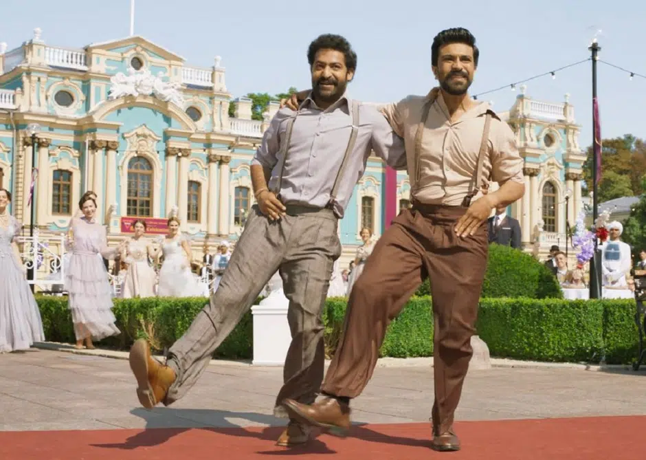 Ram Charan and Jr NTR in the song "Naatu Naatu' from the movie "RRR"