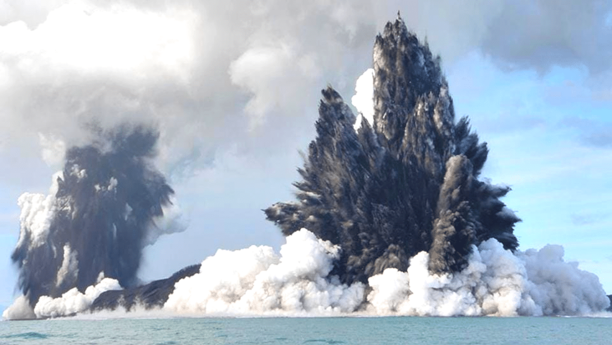 The Hunga Tonga-Hunga Ha'apai volcano during a minor eruption on March 18, 2009.