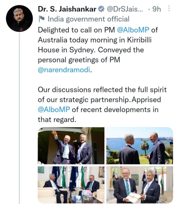 Dr. SJaishankar tweet about meeting Australia PM @AlboMP for strategic partnership with Australia  