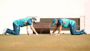 Steve Smith and David Warner inspecting the Nagpur pitch ahead of their clash with India in the First Test of the Border Gavaskar Trophy