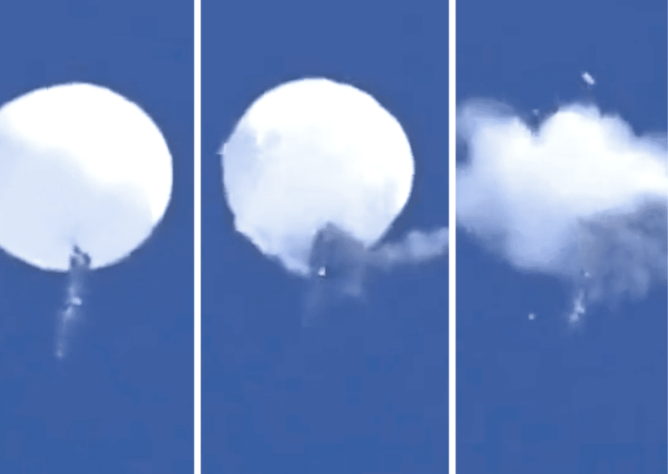 Video stills taken on February 4, 2024, show the Chinese spy balloon after it was struck by an AIM-9X anti-air missile fired from an F-22 Raptor.