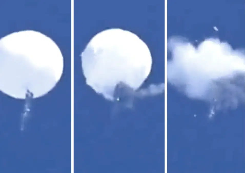 Video stills taken on February 4, 2023, show the Chinese spy balloon after it was struck by an AIM-9X anti-air missile fired from an F-22 Raptor.
