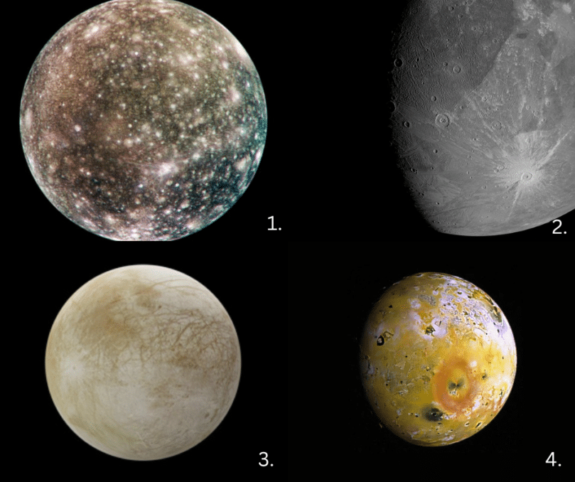 The Galilean Moons of Jupiter: Callisto, Ganymede, Europa and Io (L-R)
