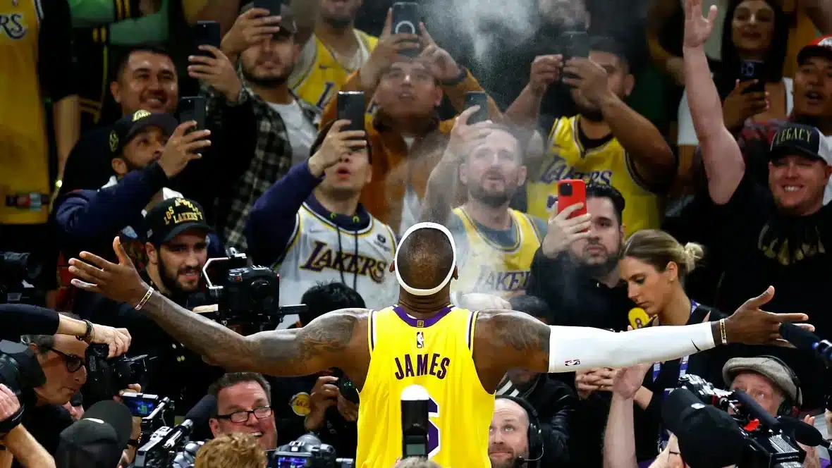 LeBron James thanks the fan after reaching the milestone.