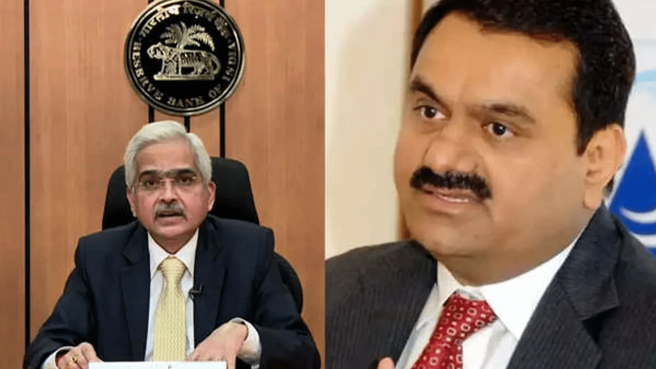 RBI Governor on left, Gautam Adani on Right