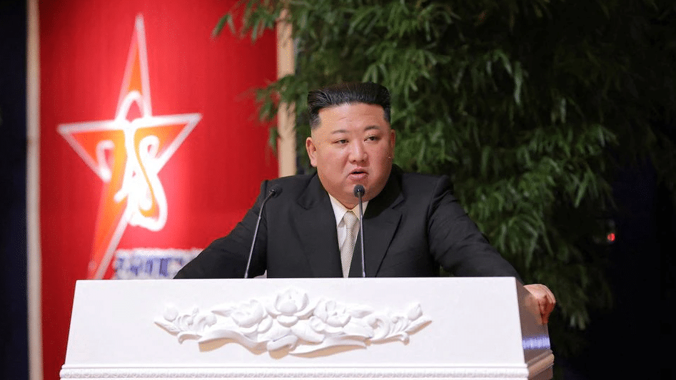Supreme leader Kim Jong Un delivers a speech ahead of the military day celebrations.