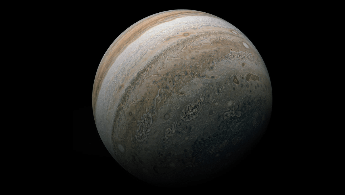 A picture of the southern hemisphere of Jupiter taken by the Juno mission of NASA on Feb. 17, 2020