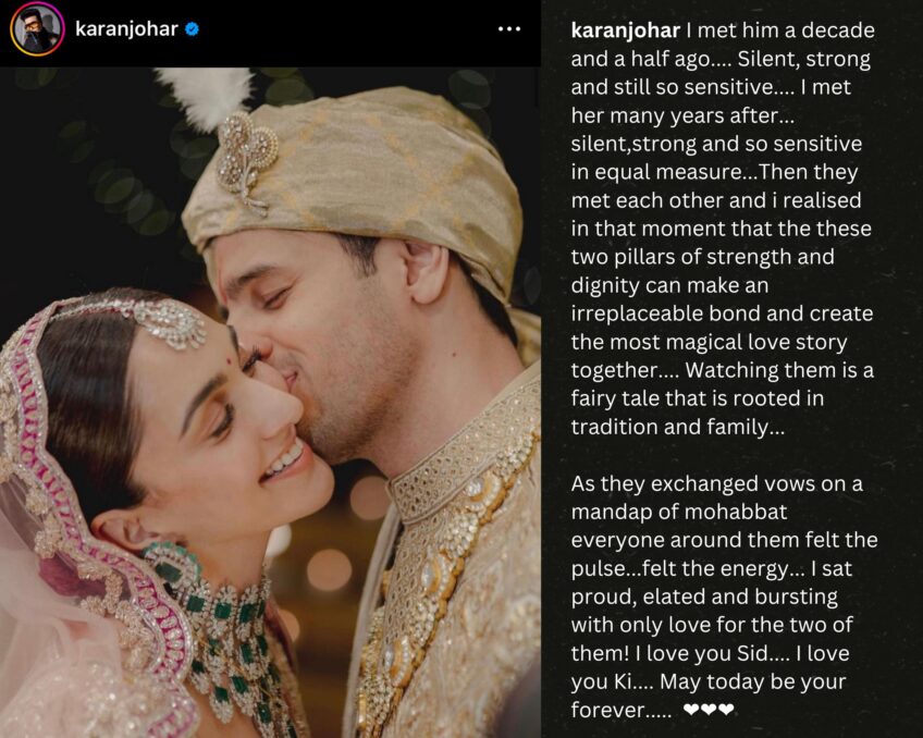 Karan Johar shares a heartfelt post for the newlywed 