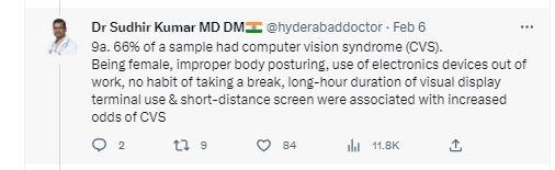 Dr. Sudhir Kumar create awareness about the 'Computer Vision Syndrome' among women globally via his tweet