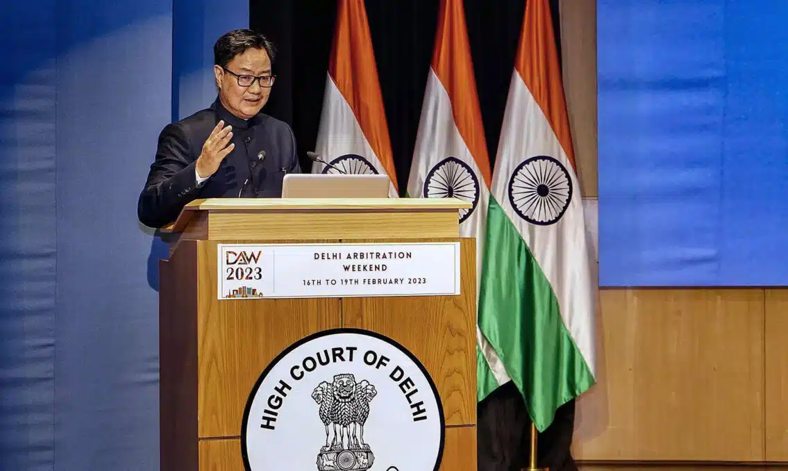 Kiren Rijiju speaking at an event addressing the issue of the Indian judiciary playing the role of opposition.