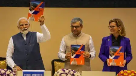Prime Minister Narendra Modi, ITU Secretary-General Doreen Bogdan-Martin, and Union Minister for Communications, Electronics & Information Technology Ashwini Vaishnaw released the "Bharat 6G Vision" document at the opening of the ITU Area office & Innovation Center. Image source:  Deccan Chronicle 