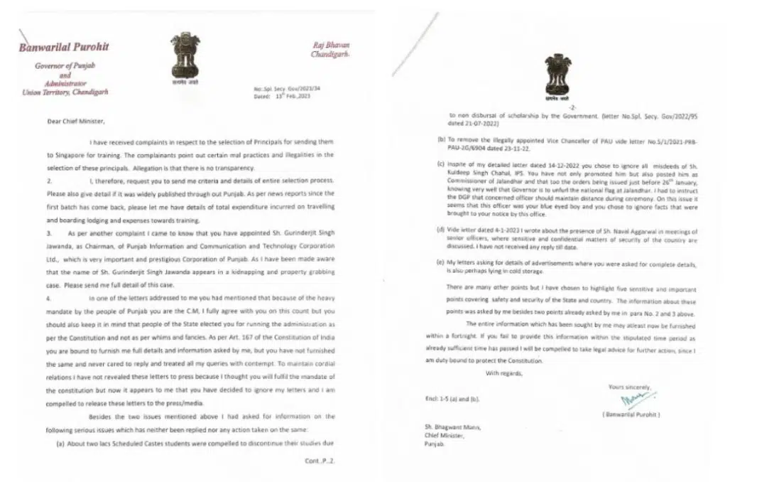Governor letter to CM Bhagwant Mann (image source: Twitter)