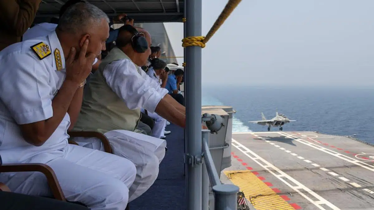 Defence Minister on board INS Vikrant. (Image source:PTI)