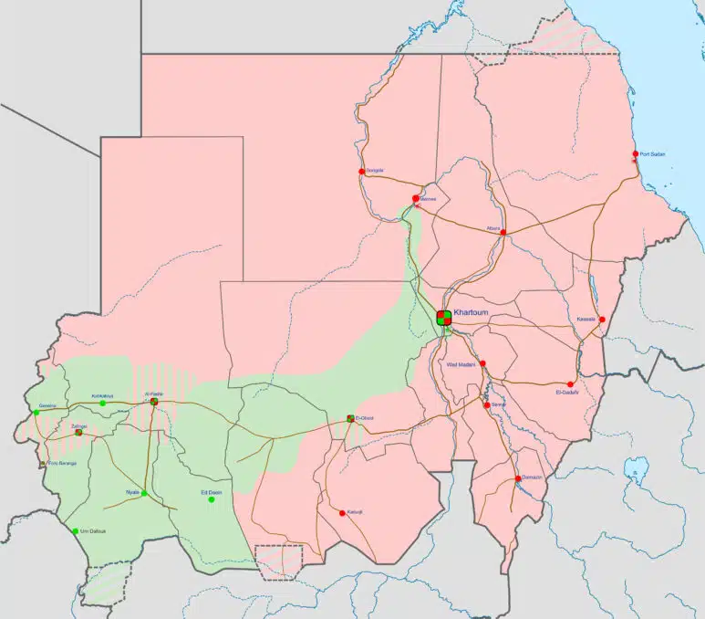 The situation in Sudan as of April 23, 2024. Green areas denote those controlled by the RSF while Red denotes the Sudanese army. Khartoum is still contested by both. 