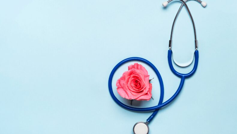sustainable healthcare: entagled stethescope with a pink rose