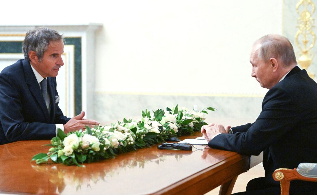 Russian President Vladimir Putin meeting IAEA (International Atomic Energy Agency) Director-General Rafael Grossi.