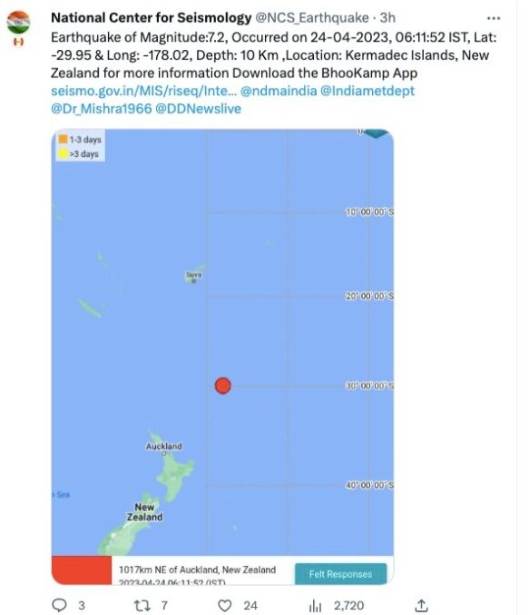 NCS twitted about Earthquake in Kermadec Islands, New Zealand.